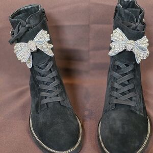 Kurt Geiger Black Lace Up Boots with Rhinestone Bow
